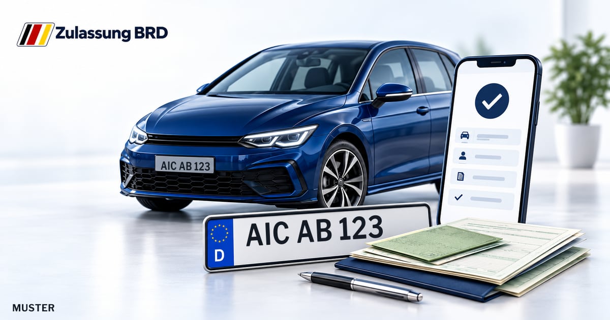 Online Fahrzeugzulassung in Aichach: Musterkennzeichen AIC AB 123, Auto und Fahrzeugpapiere und Smartphone. Illustration mit Logo von Zulassung BRD.